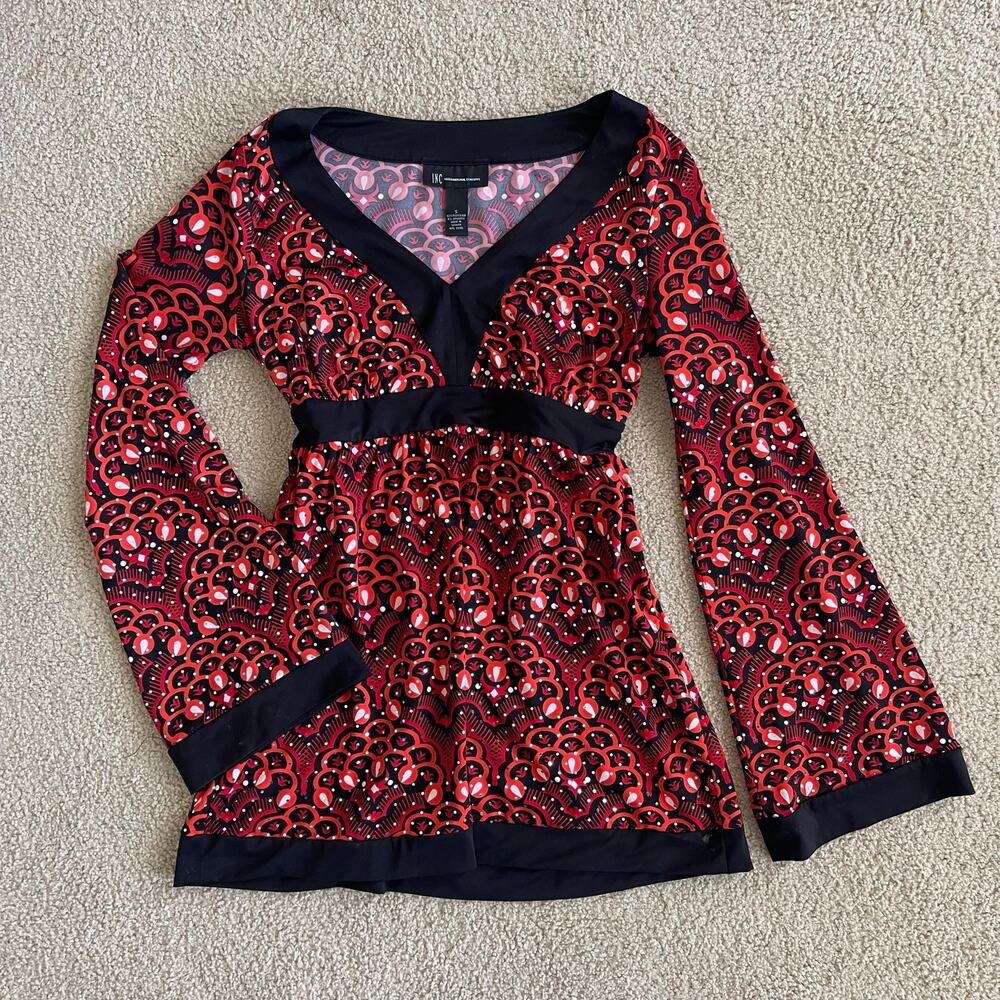 Y2K Red, Orange, & Black Paisley Boho V-neck top Empire Waist Flowy Fairy Grunge
